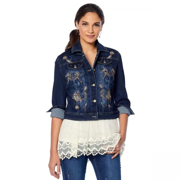 La Bellum Hillary Scott Black Jean Jacket Embellished Embroidered XS cute retro - Picture 1 of 13